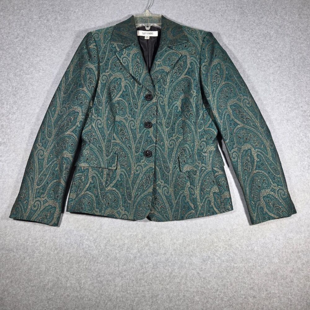 Vintage 90s Suit Studio Womens Sz 6 Teal Gold Paisley Brocade Blazer Jacket